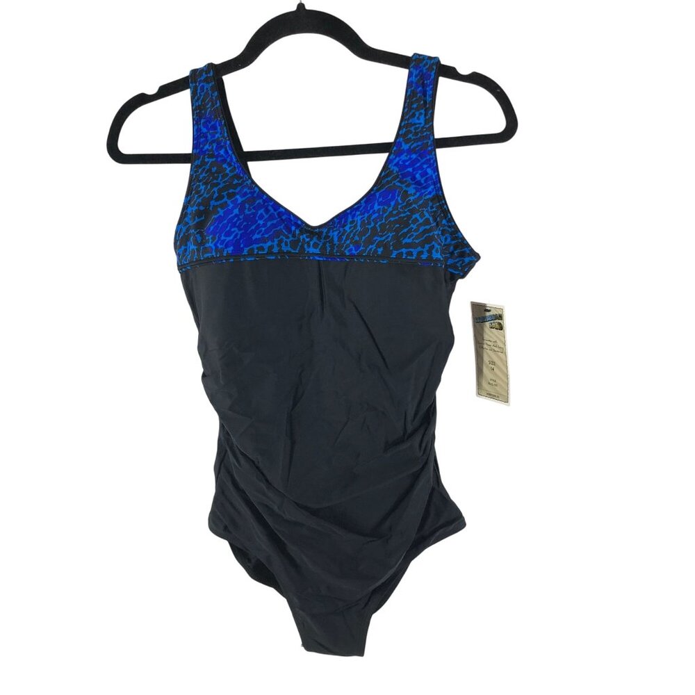 Caribbean Sand One Piece Swimsuit Ruched Slimming Shelf Bra Black Blue 14